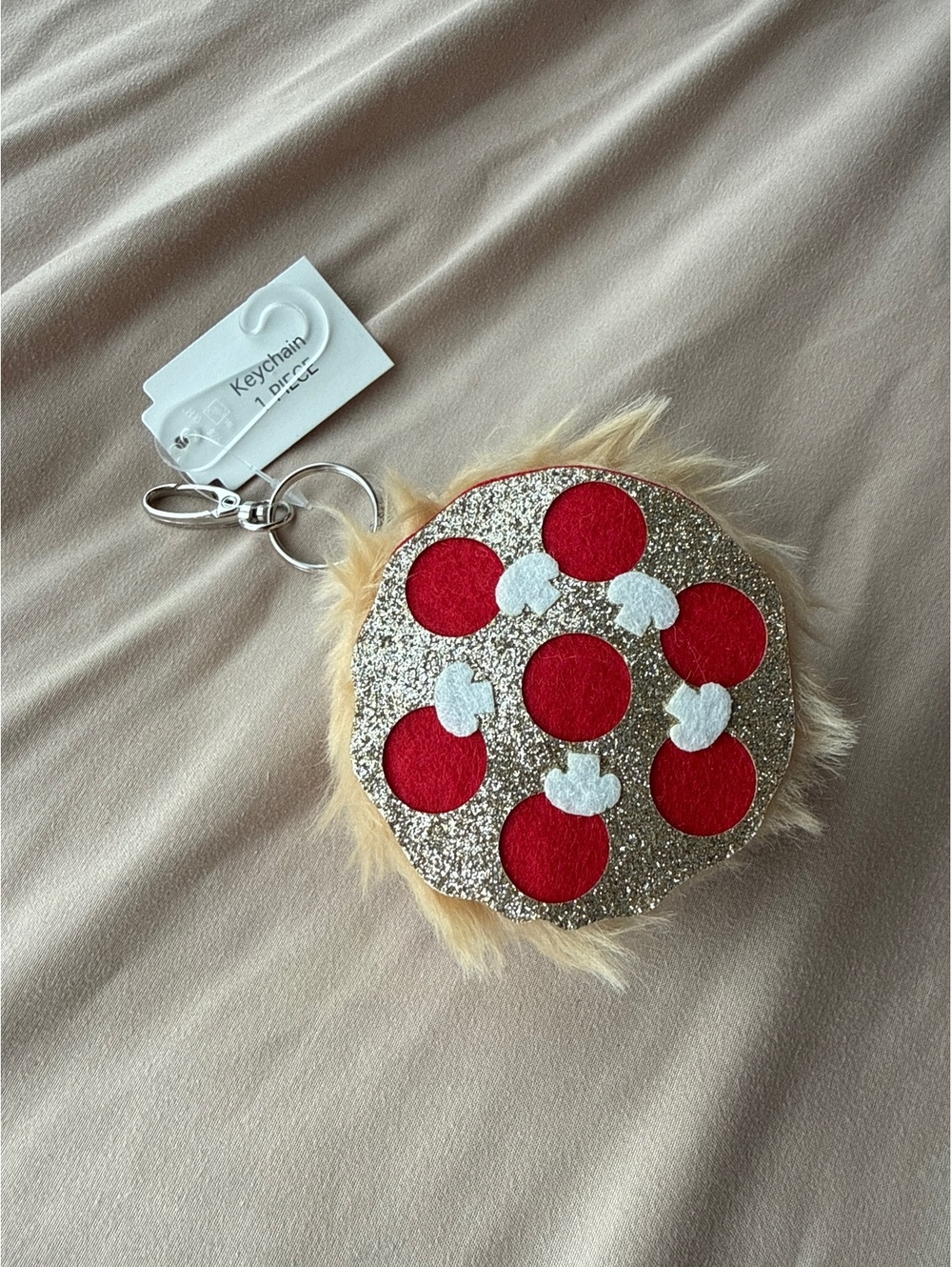 Fluffy Pizza Keychain Bag Charm Faux Fur Glitter Pepperoni Novelty Kawaii